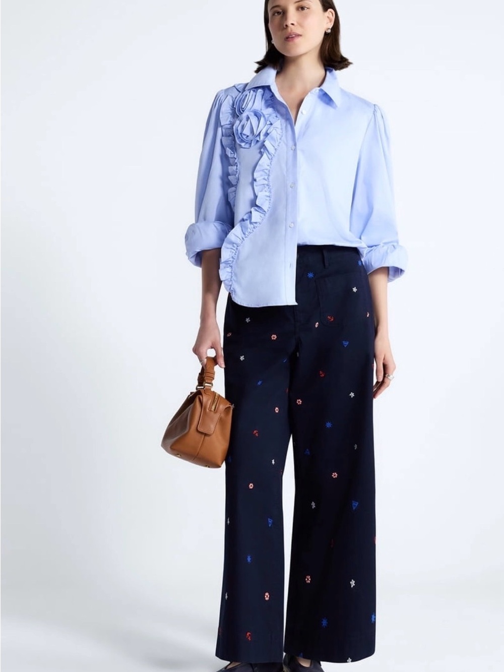 Wide leg cropped embroidered pants